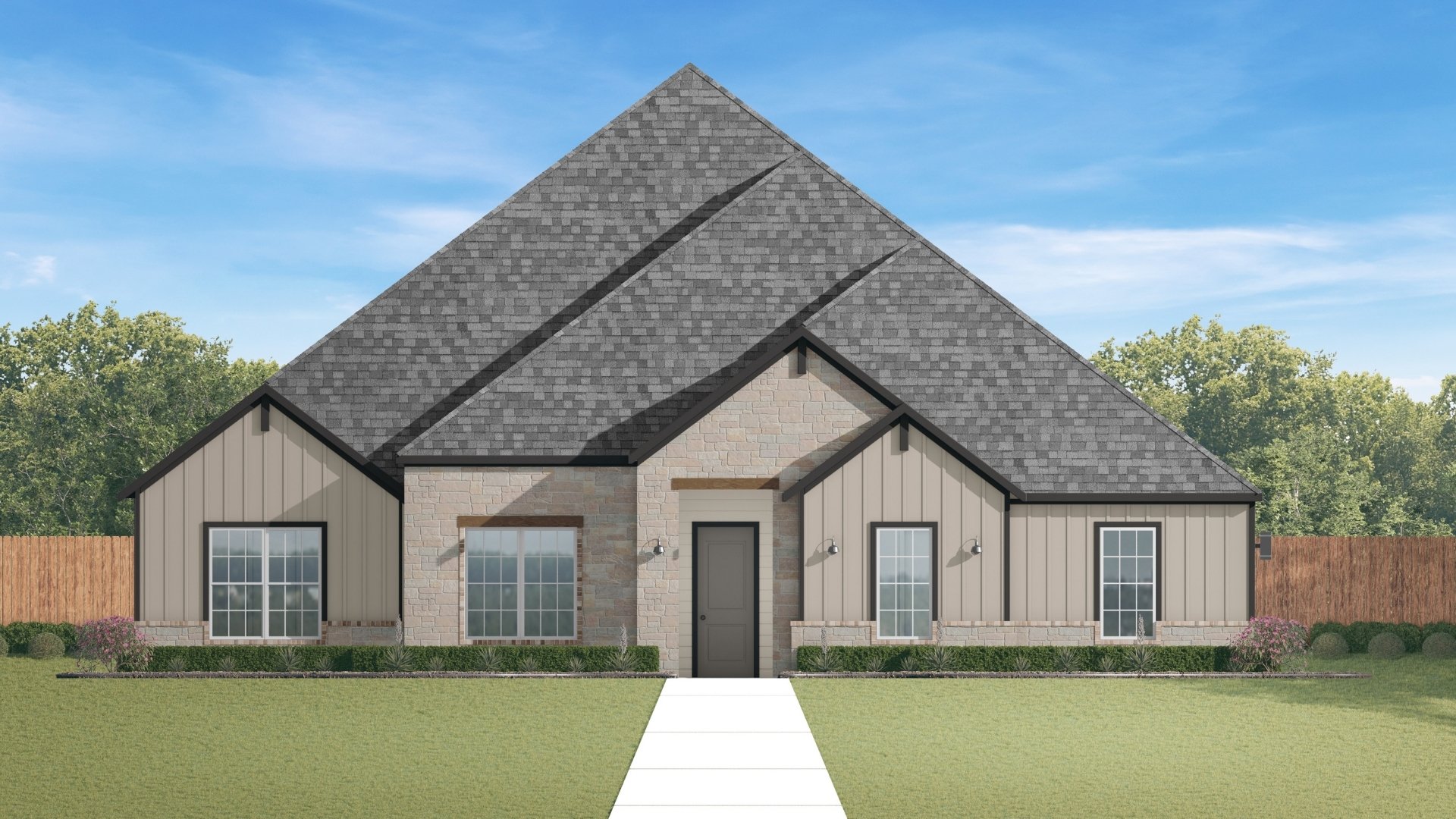 single story home with high roof pitch