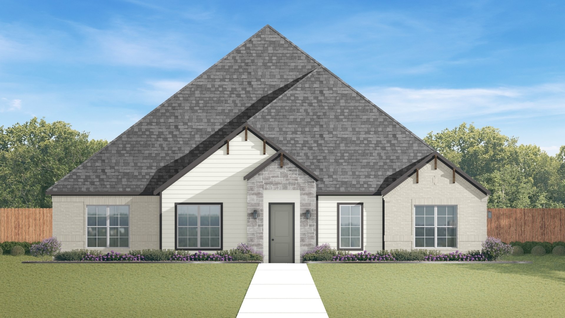 single story home with high roof pitch