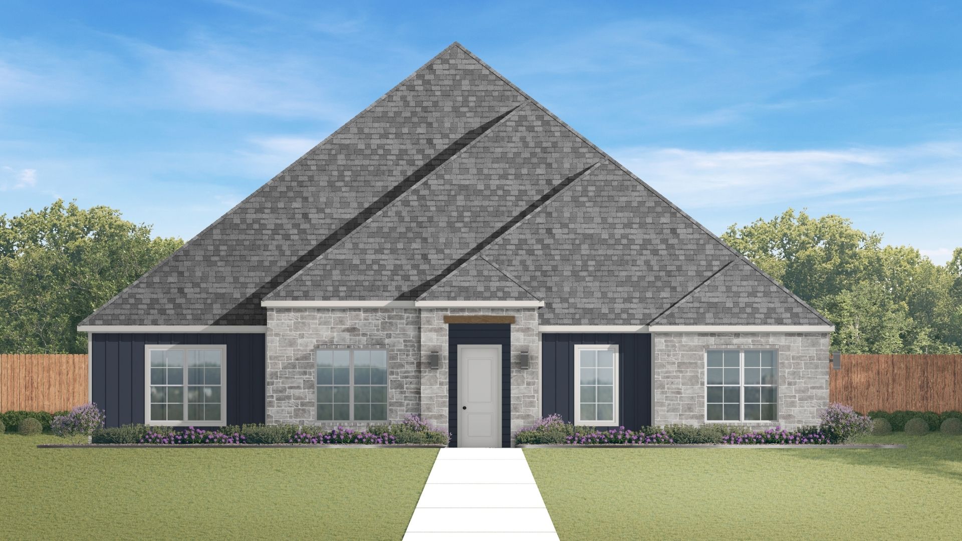 single story home with high roof pitch