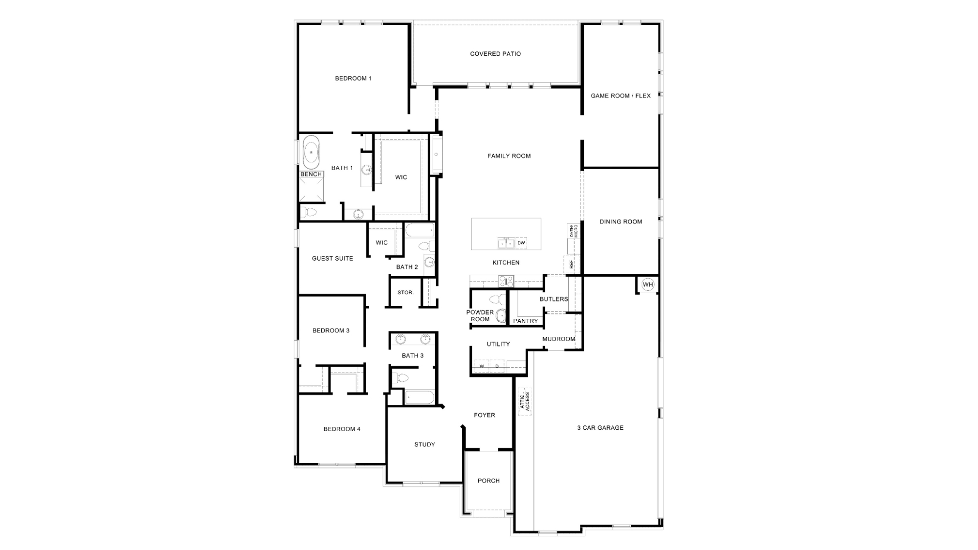 single story floor plan with three car garage