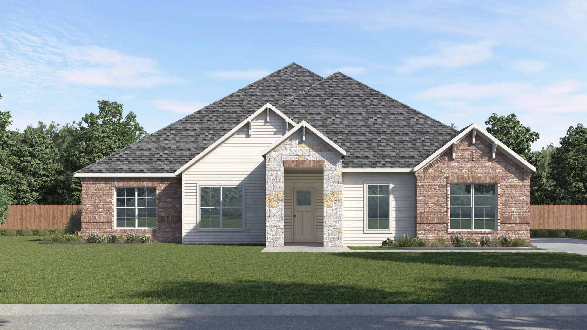 single story home rendering with stone and brick