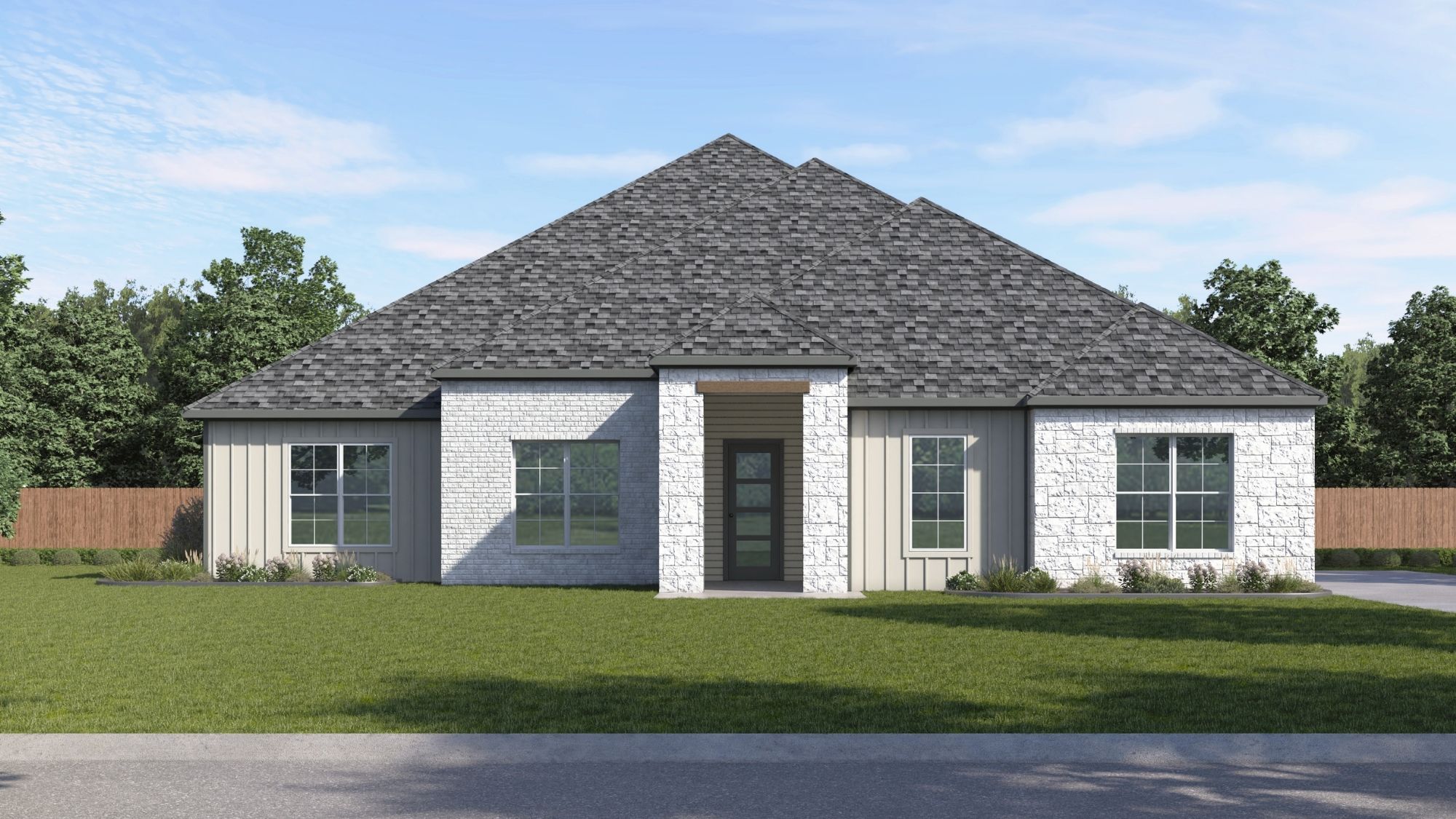 single story home rendering with stone and brick