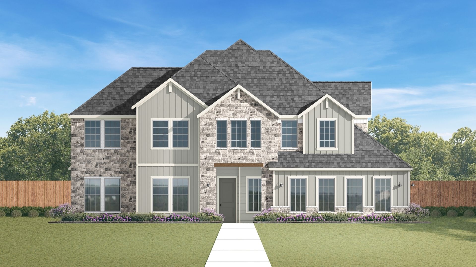 two story rendering with windows and side garage