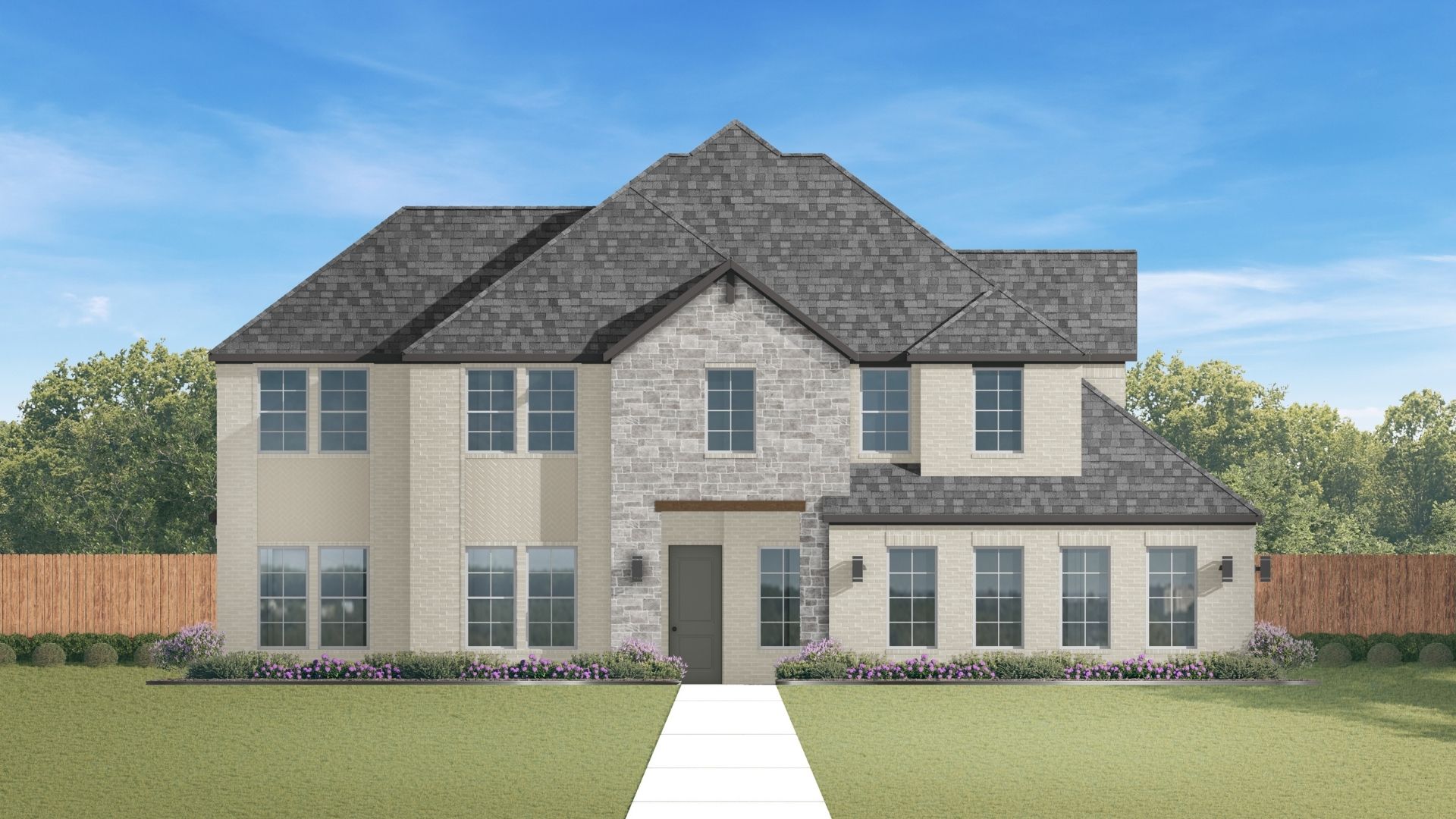 two story rendering with windows and side garage