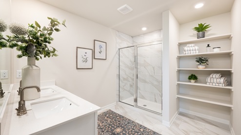 Primary bathroom with enclosed shower and dual sinks