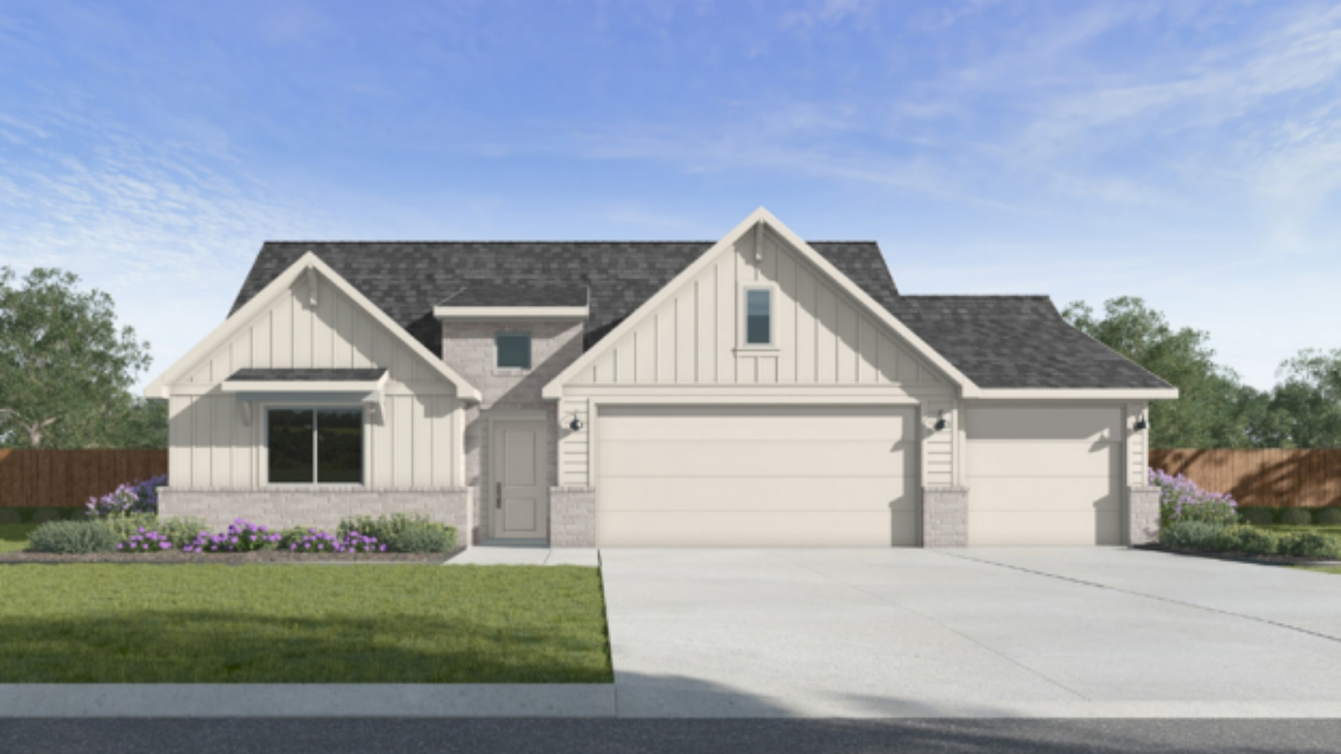 Single-story home rendering with three-car garage.