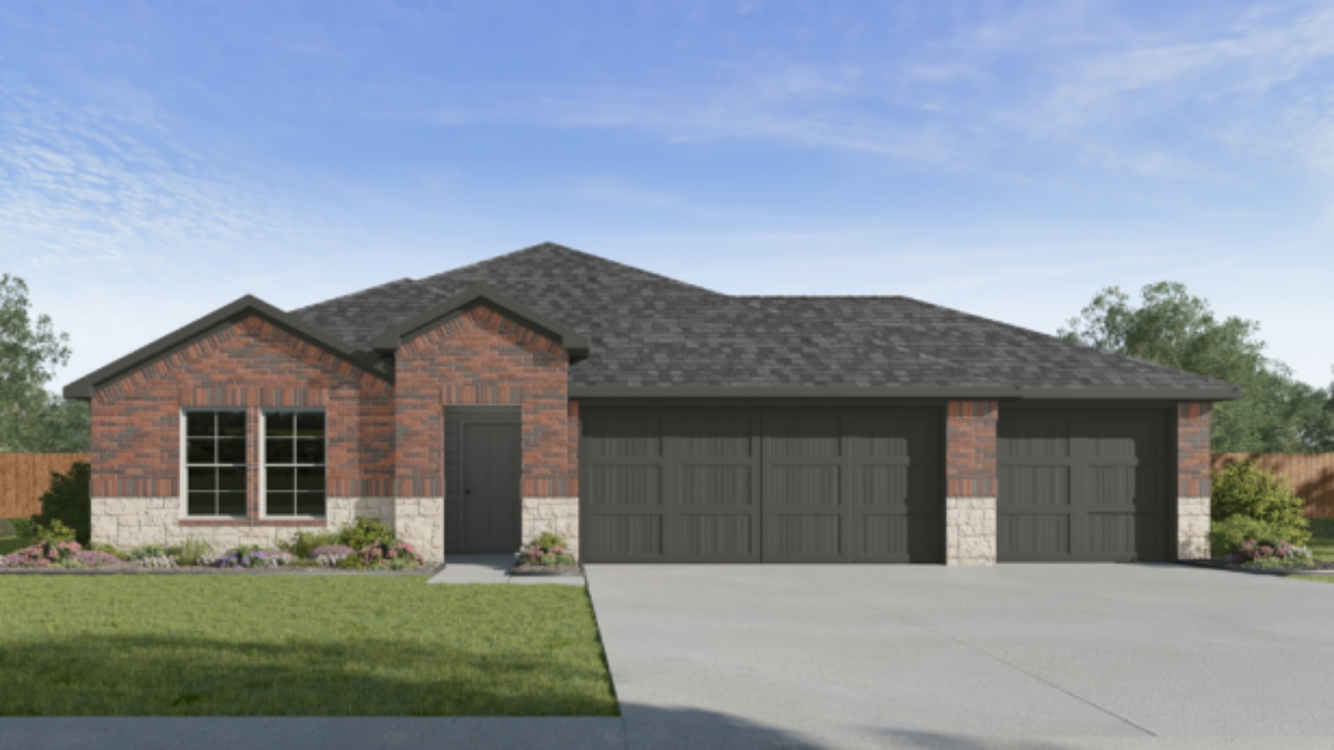 Single-story home rendering with three-car garage.