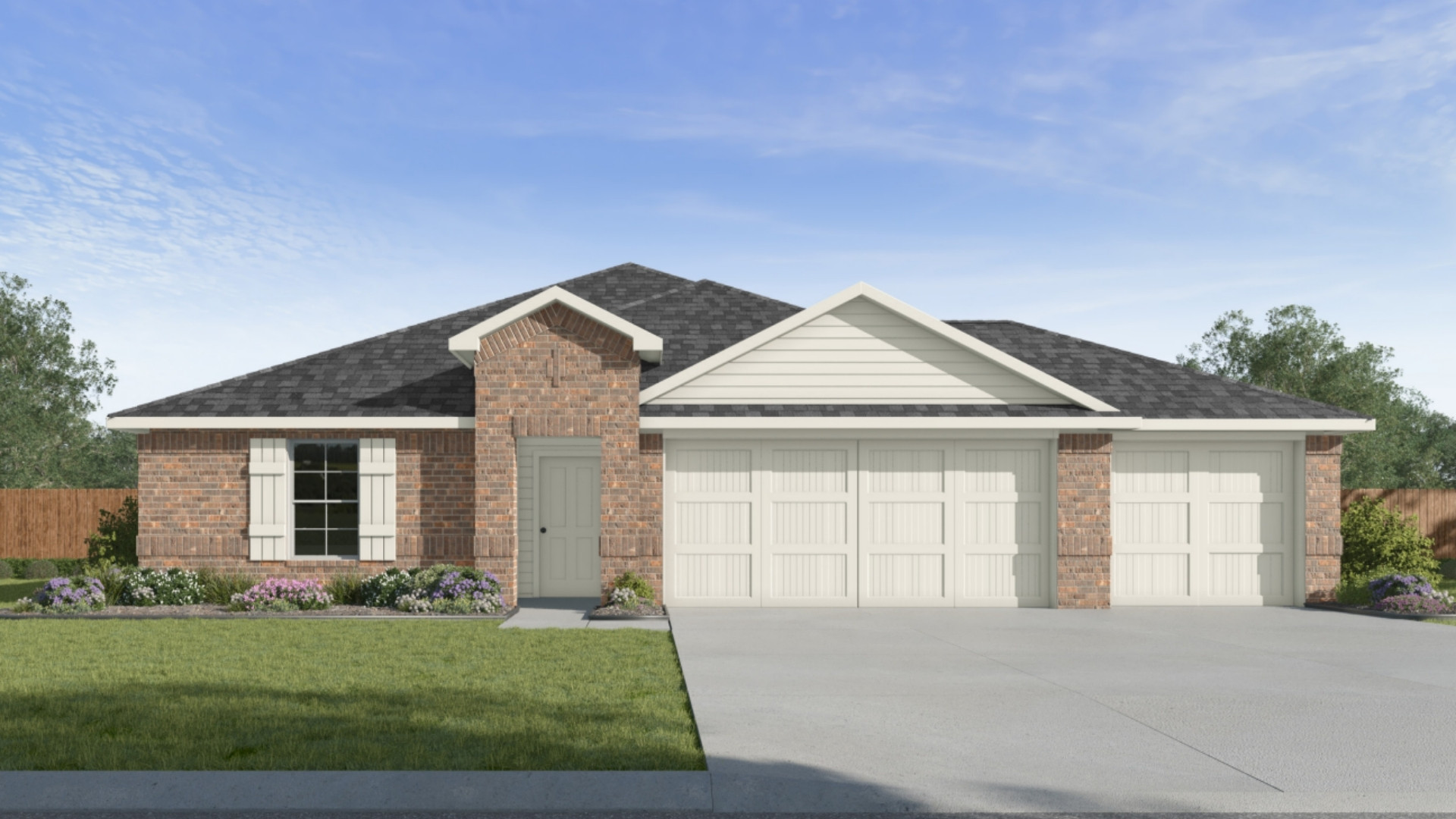 Single-story home rendering with three-car garage.