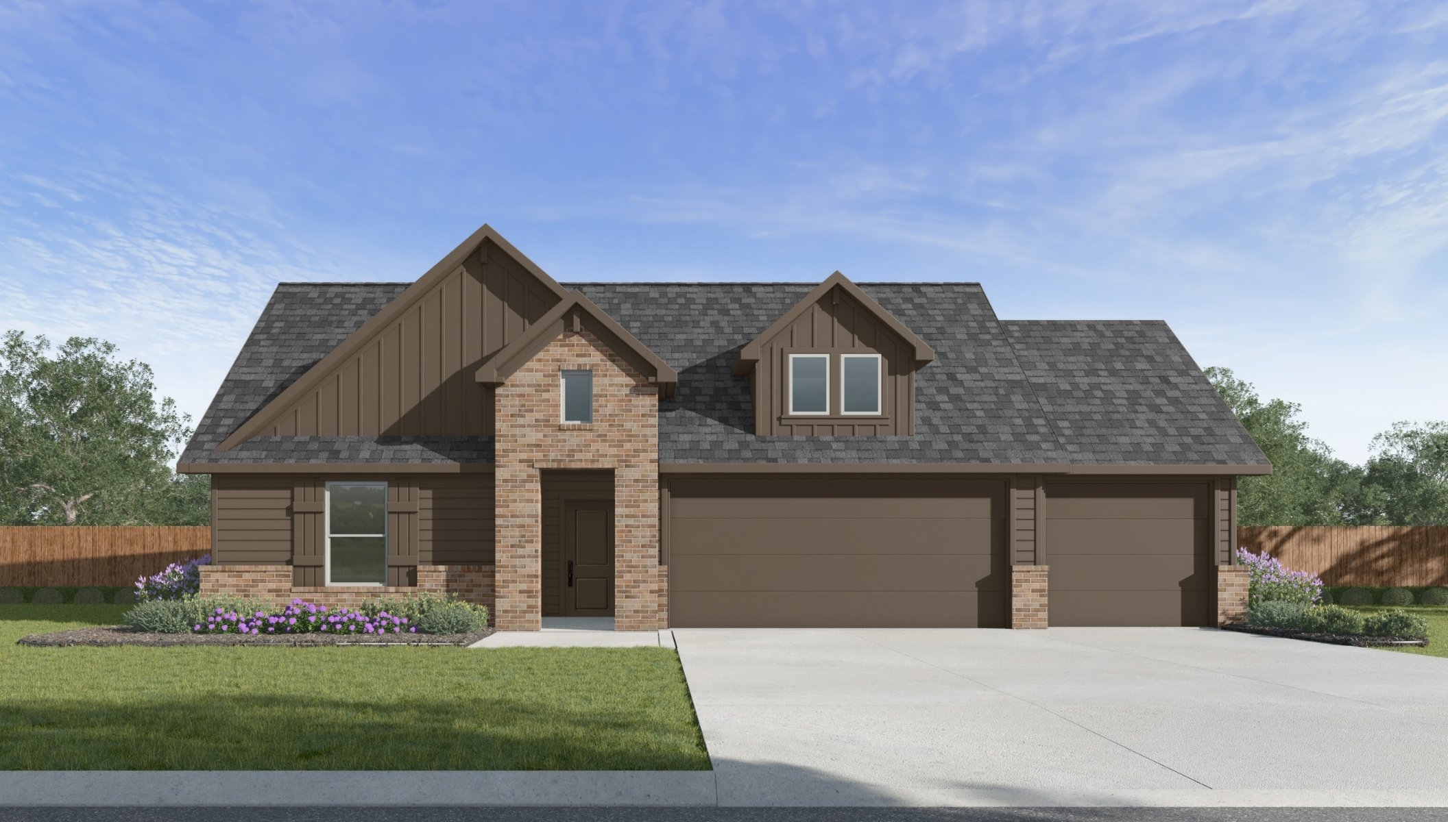 single story home rendering with three car garage