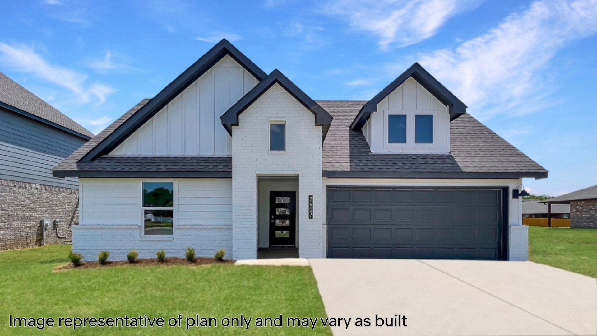 single story home rendering with three car garage
