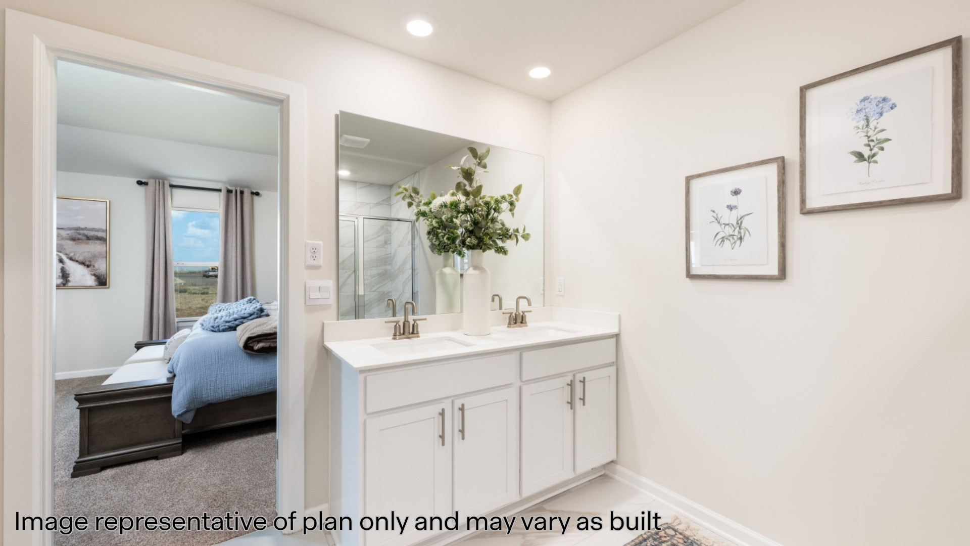 Full bath with a stall shower, double vanity, and light marble finish floors