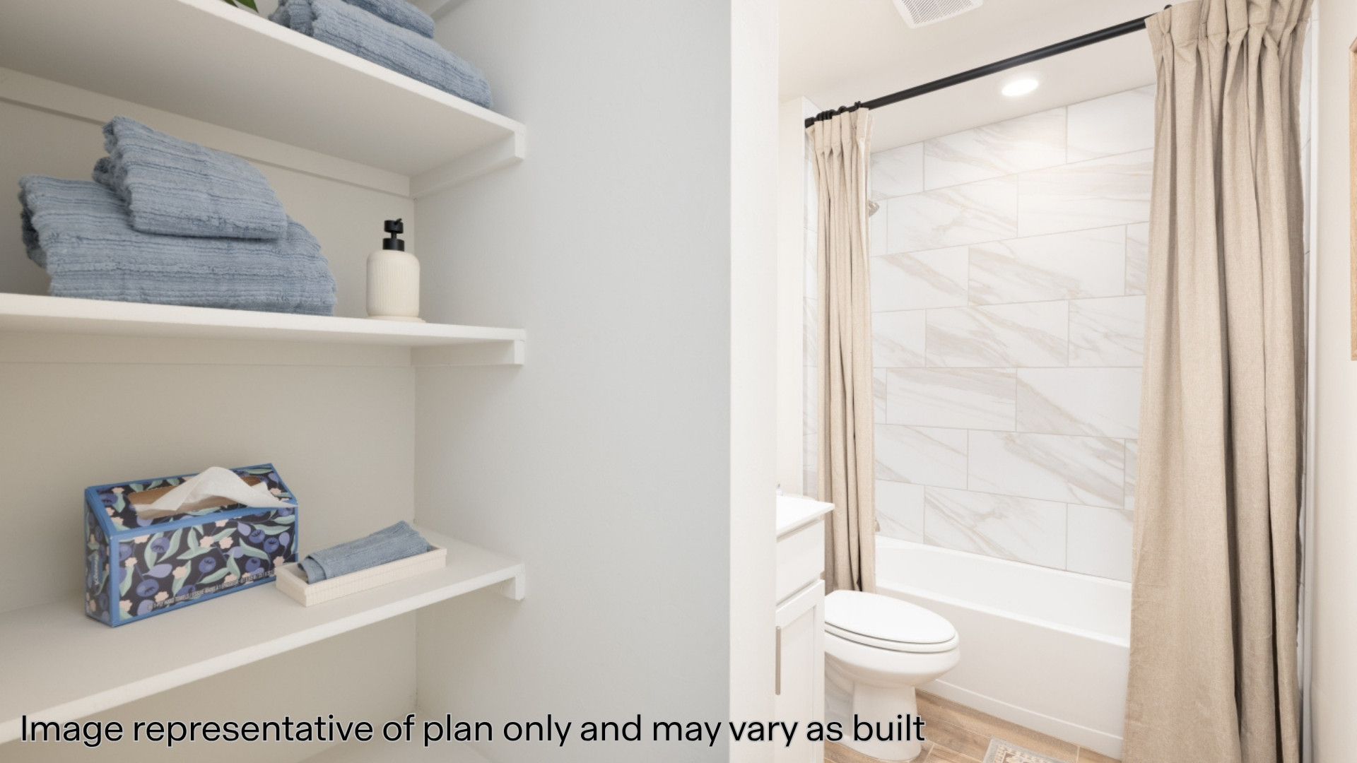 Full bath featuring shower / bath combination with curtain, vanity, and recessed lighting