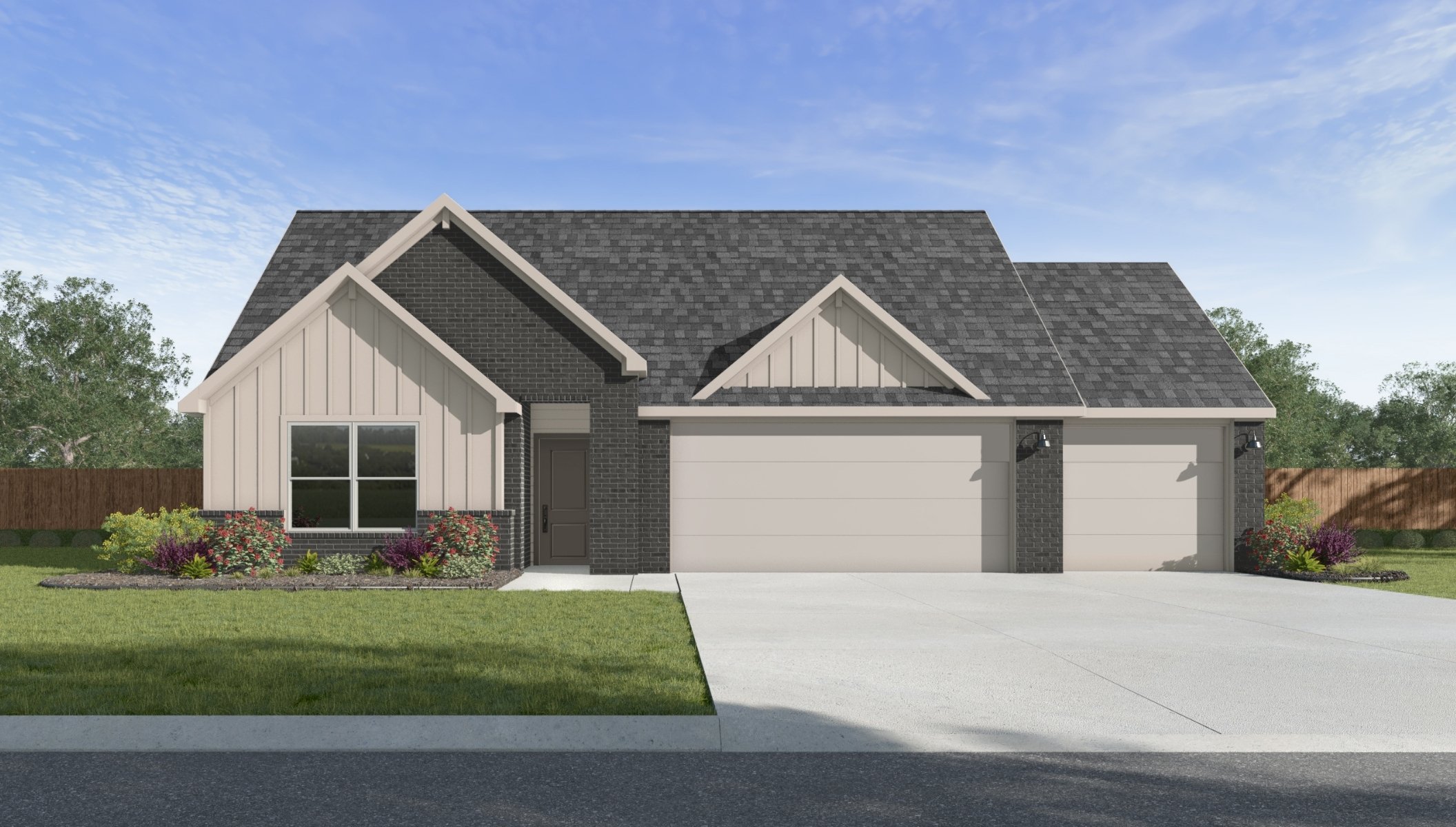 Single-story home rendering with three-car garage.
