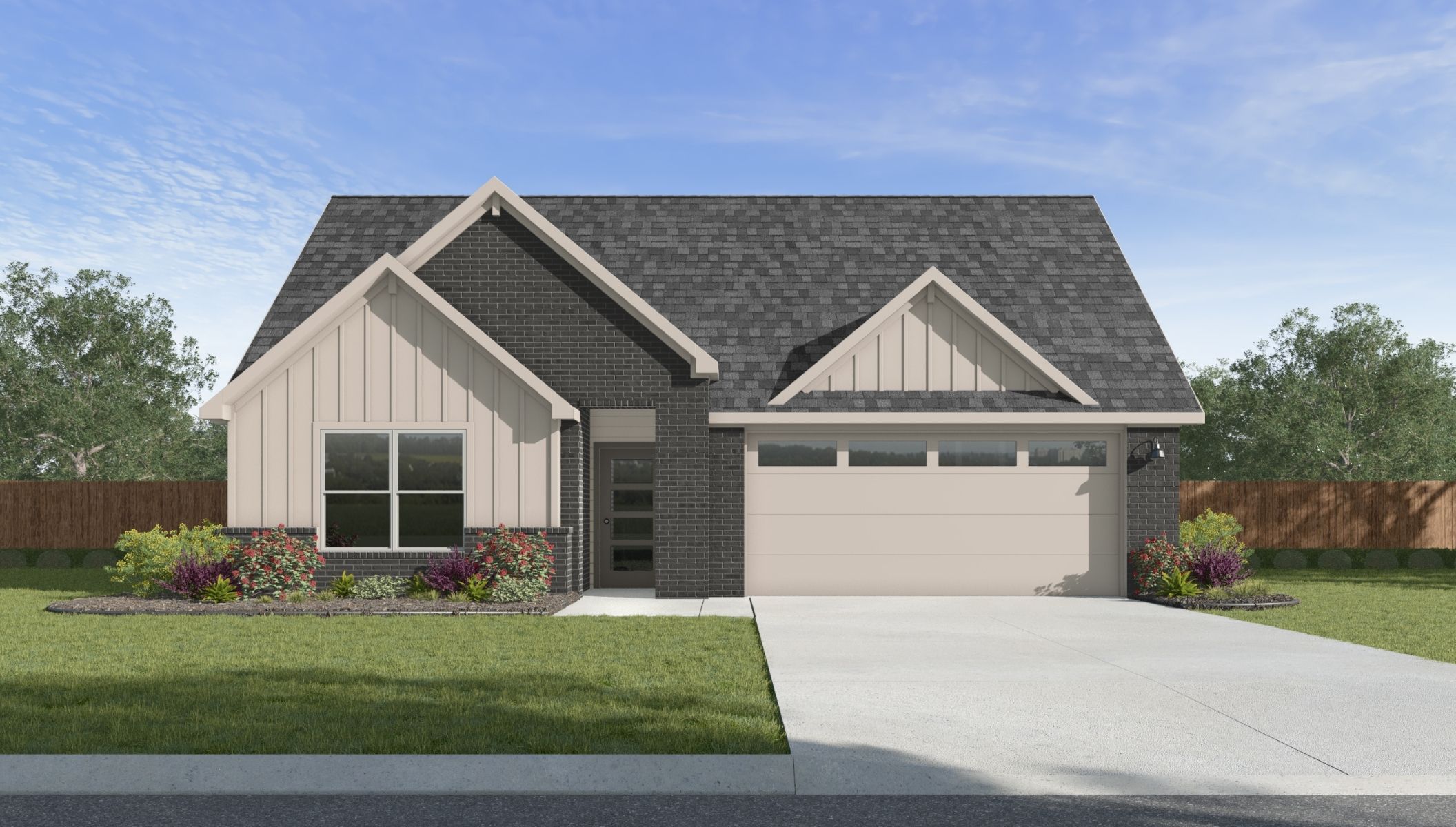 Single-story home rendering with two-car garage.