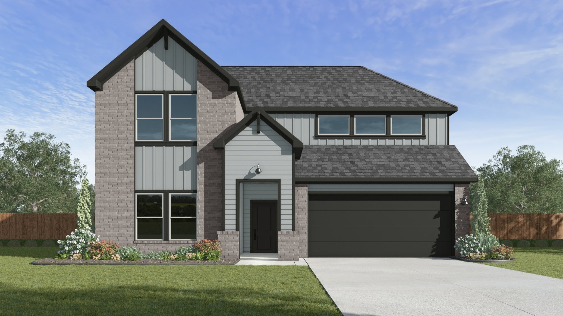 Modern farmhouse featuring board and batten siding, roof with shingles, a garage, driveway, and brick siding