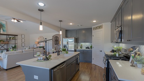 kitchen with corner pantry and island
