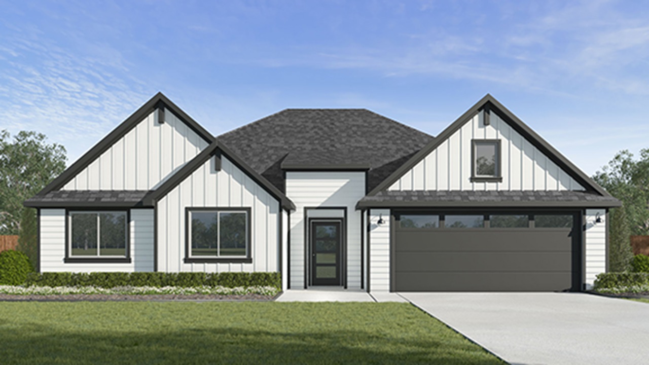 Single-story home rendering with two-car garage.