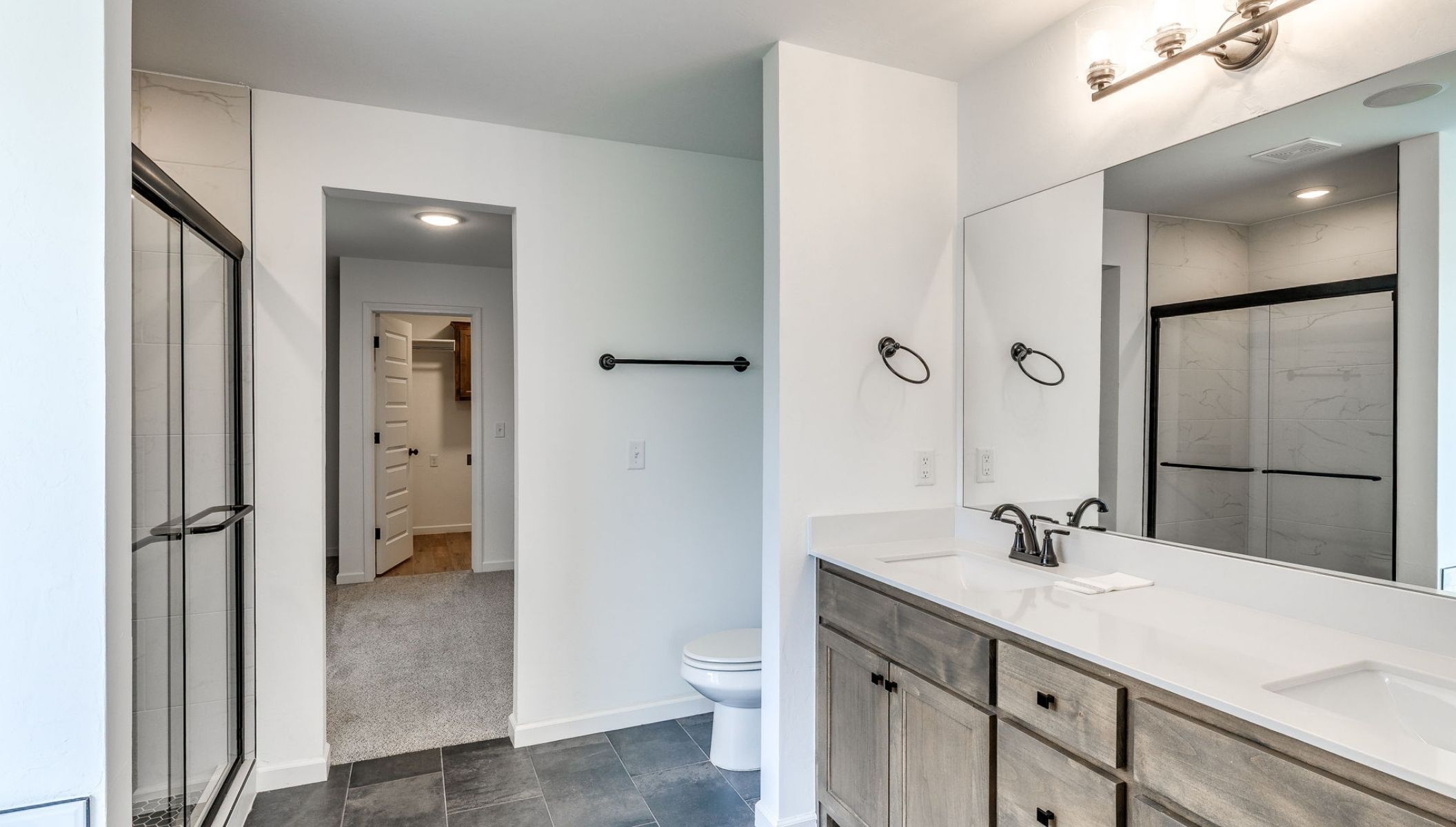 primary bathroom with vanity and walk-in closet