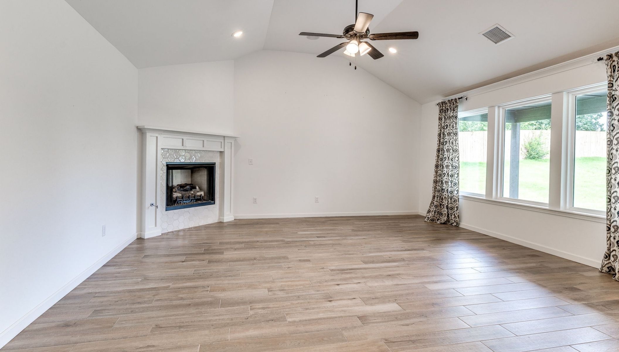 living room and fireplace