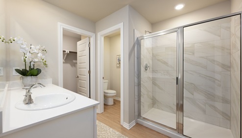 primary bathroom with shower and enclosed toilet
