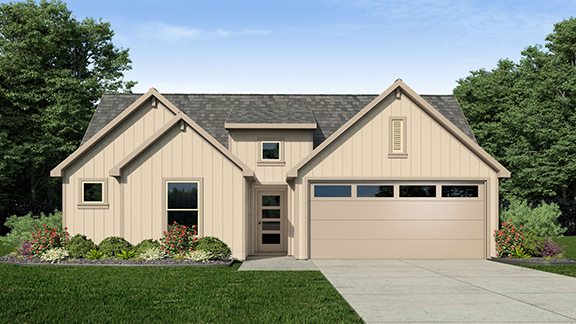 Single-story home rendering with two-car garage.