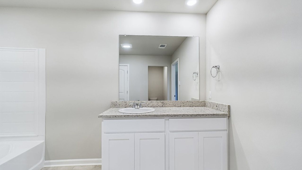 The single story Catahoula home plan bathroom has modern fixtures, closet space and granite countertops.