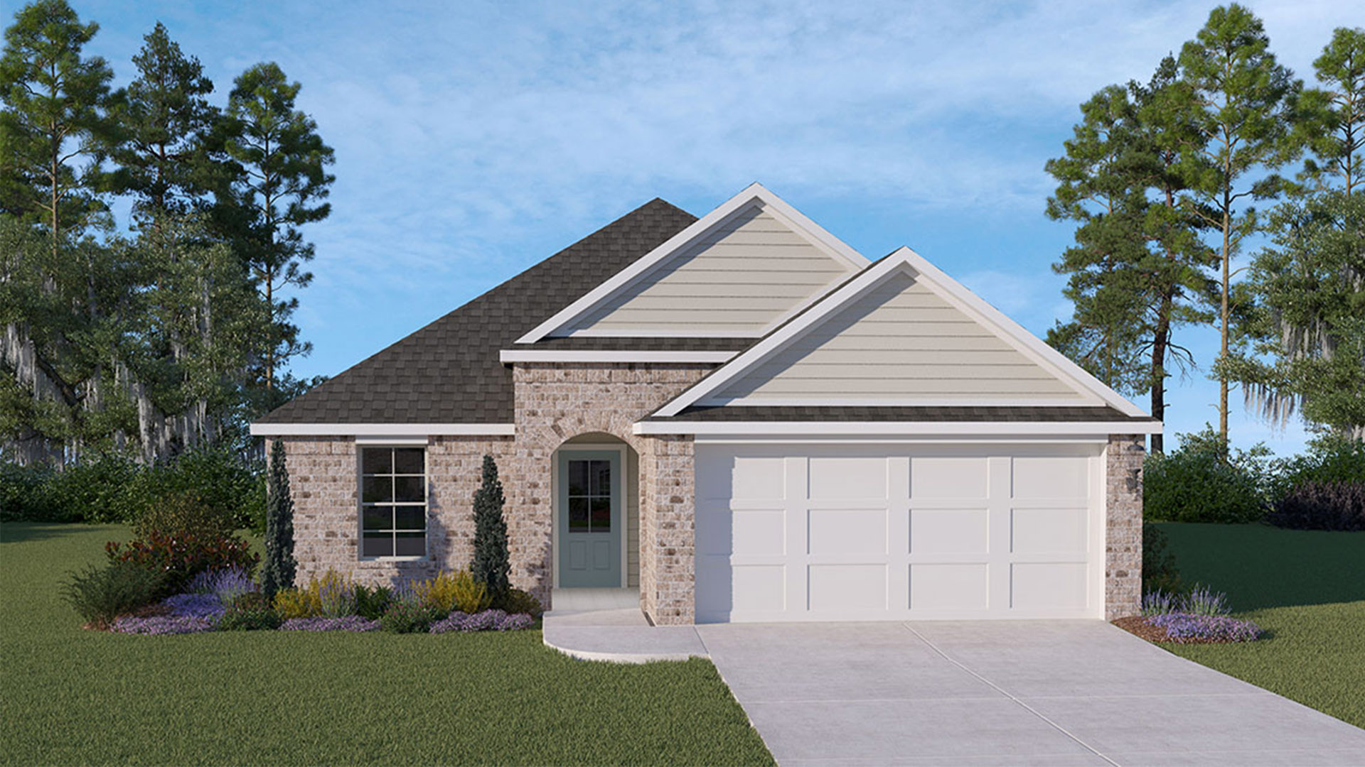 Single story home exterior with covered porch, brick and two car garage in Cypress Trace
