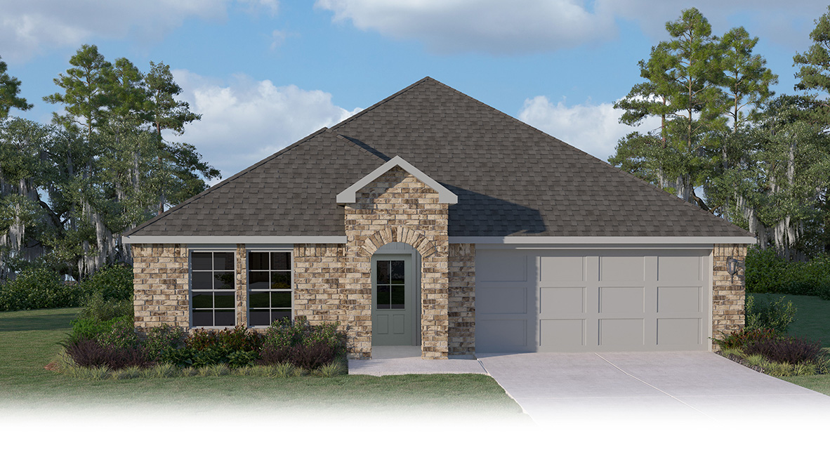The Lakeview single-story new home rendering has a brick exterior and two car garage.