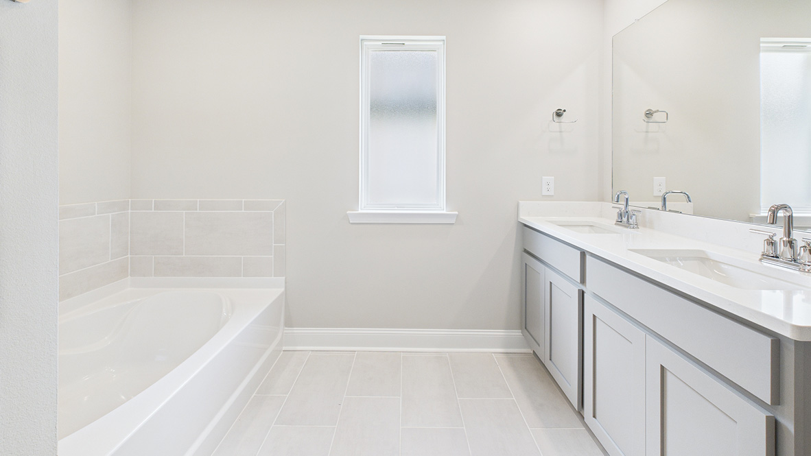 Owner’s ensuite in a new build home offers function and style with a walk-in closet, spa-like ensuite