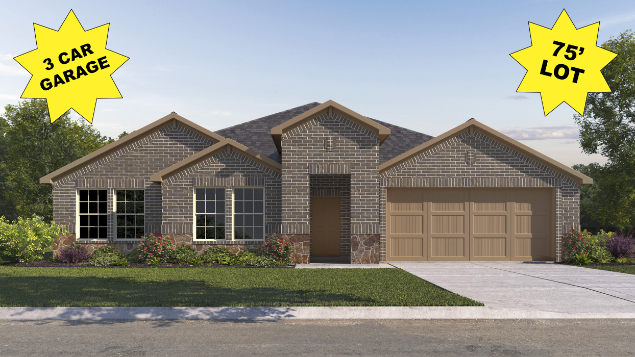 H50H Harbour Elevation F rendering - home on 75 foot lot and has 3 car garage