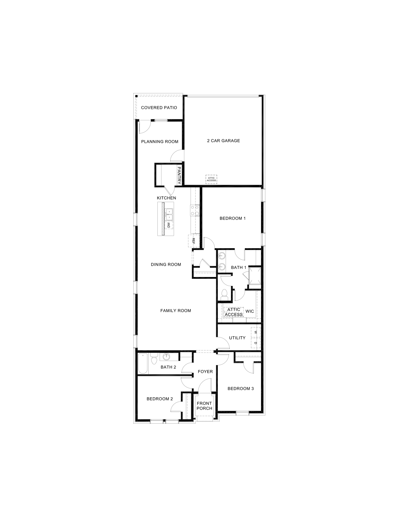 One-story H170 Cayuga floorplan with 3 bedrooms, 2 bathrooms, a family room, dining room, kitchen, planning room, and 2-car garage.