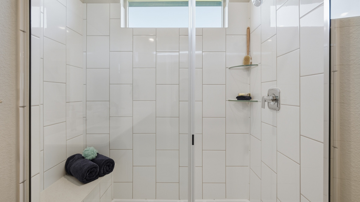 Luxurious shower with clean tile and half lite window
