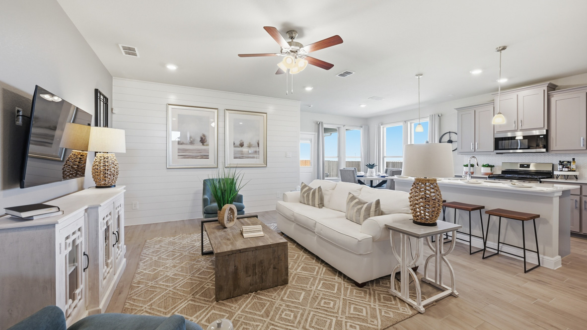 Spacious open concept living room, dining area, and kitchen