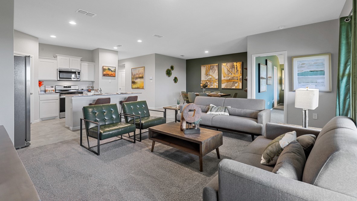 Open concept kitchen, dining, and living space