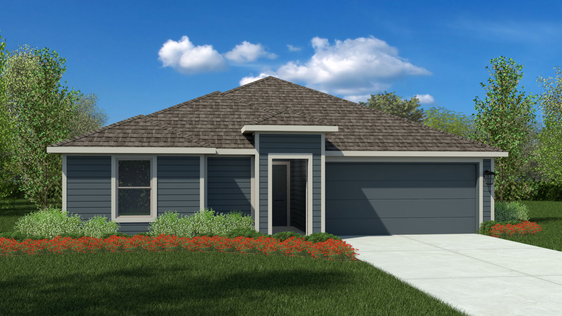 Exterior rendering of modern farmhouse style home featuring a splash of color and a welcoming front porch entry