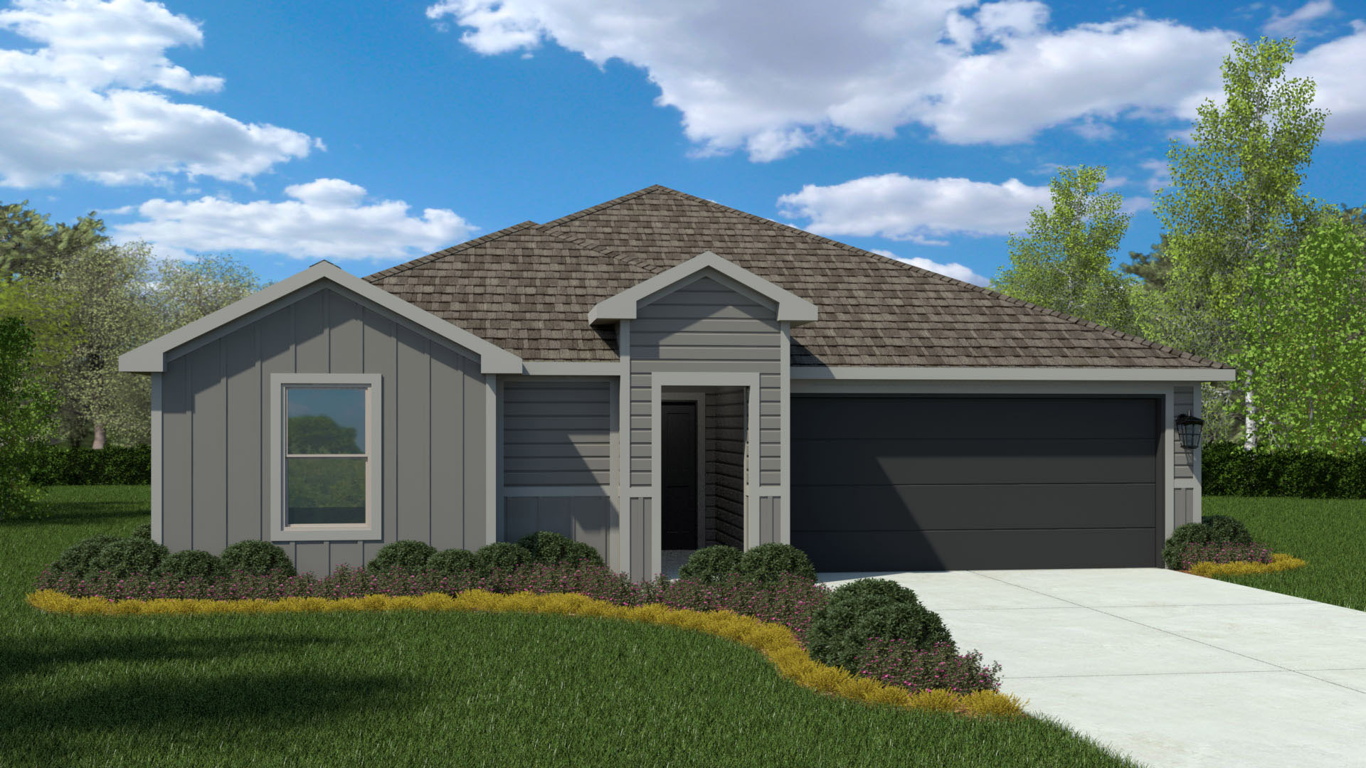 Exterior rendering of modern farmhouse style home with