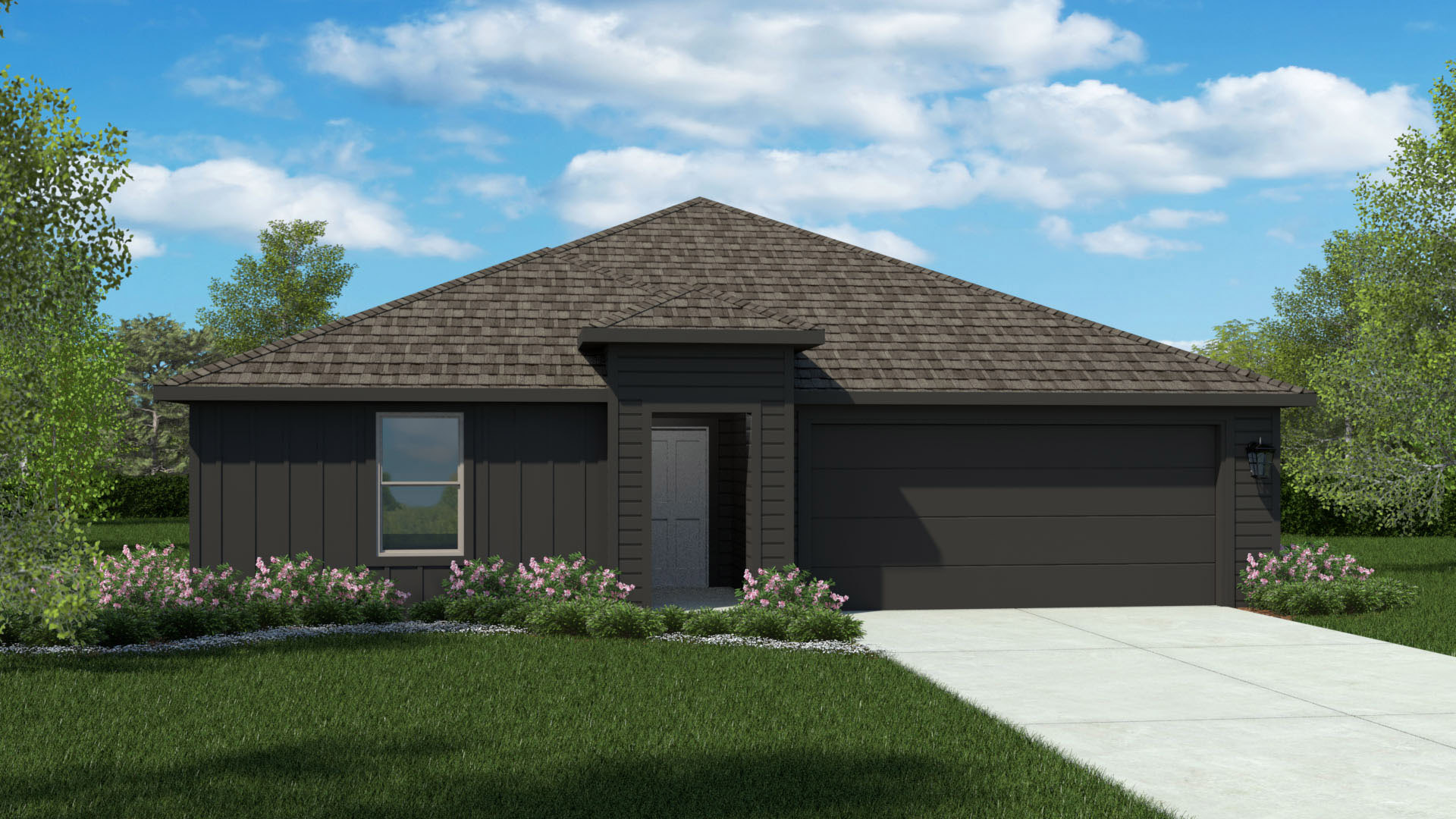 Exterior rendering of modern farmhouse style home with dark siding and welcoming front porch.