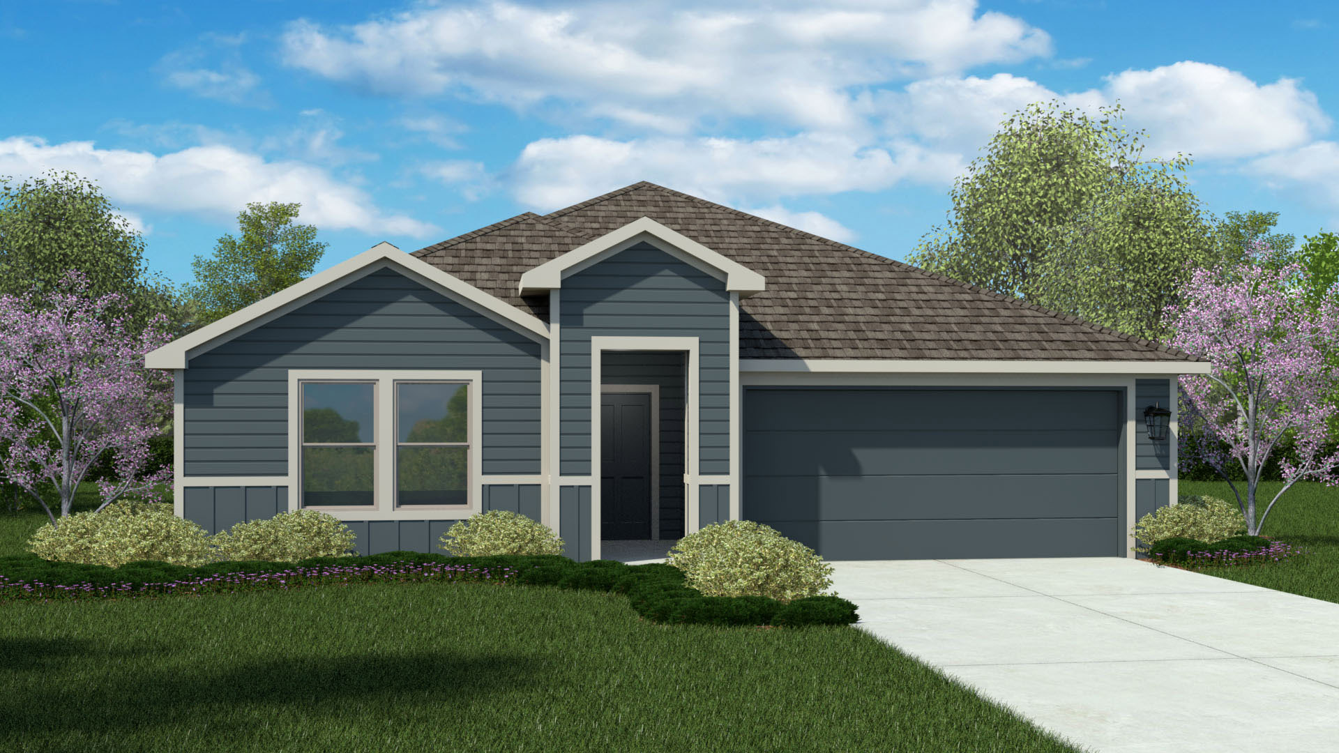 Exterior rendering of single-story modern farmhouse style home with modern siding and light trim details.