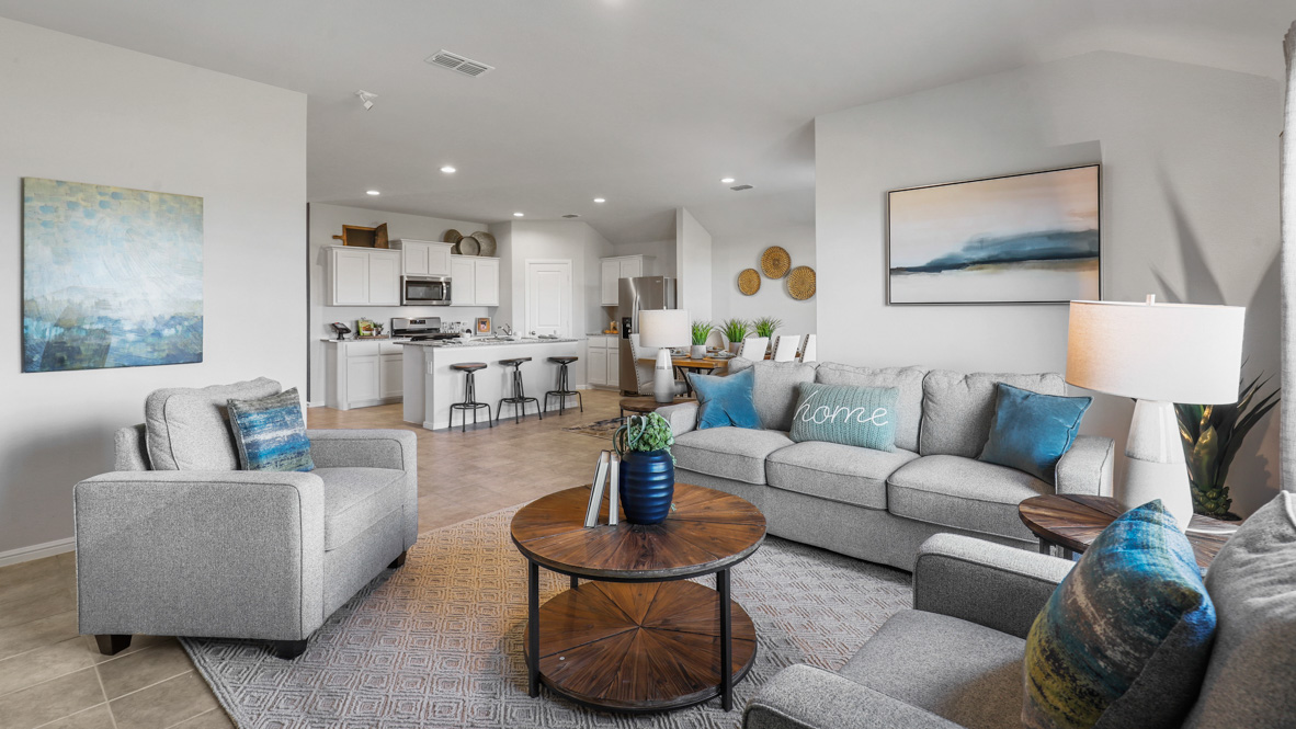 Open concept kitchen, living, family, and dining room space