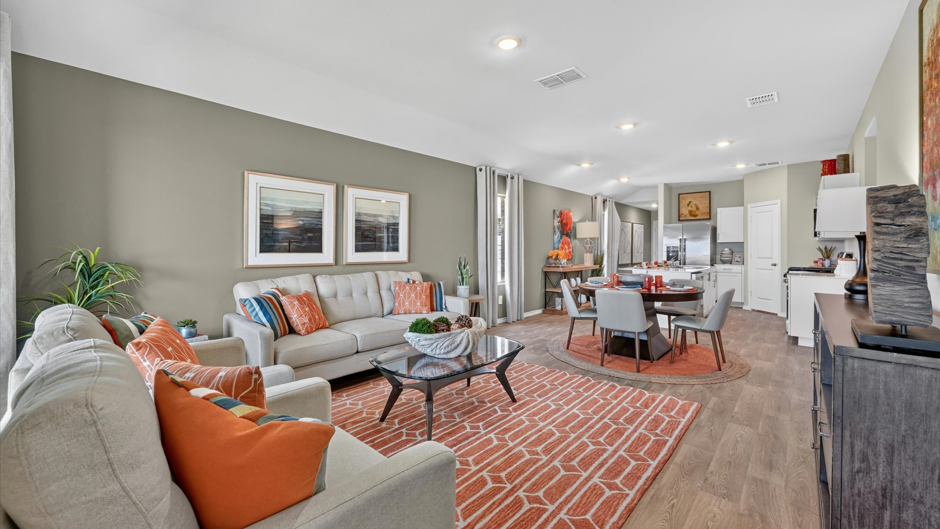 Open concept kitchen, living, and dining space
