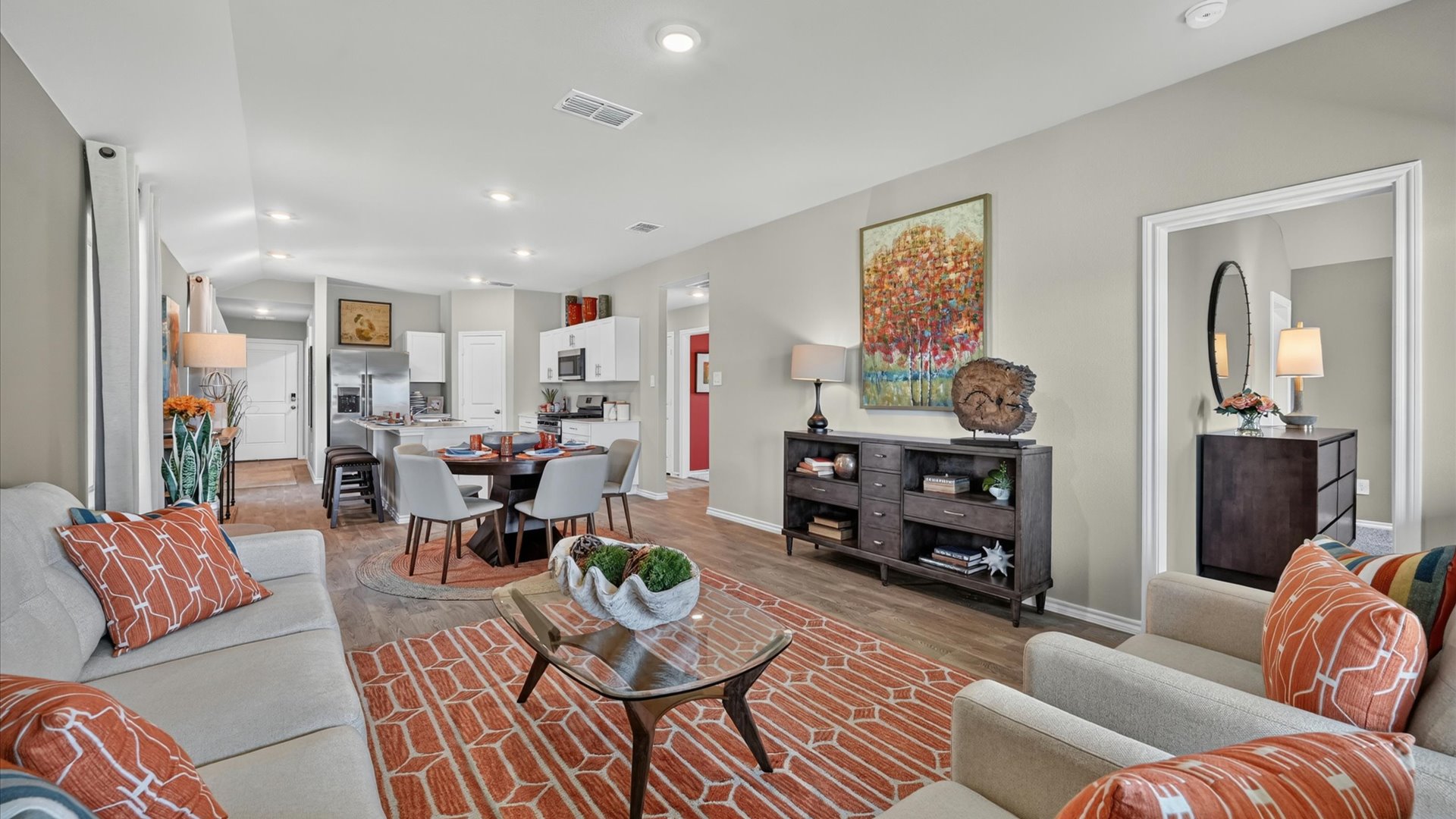 Open living, dining, and kitchen space