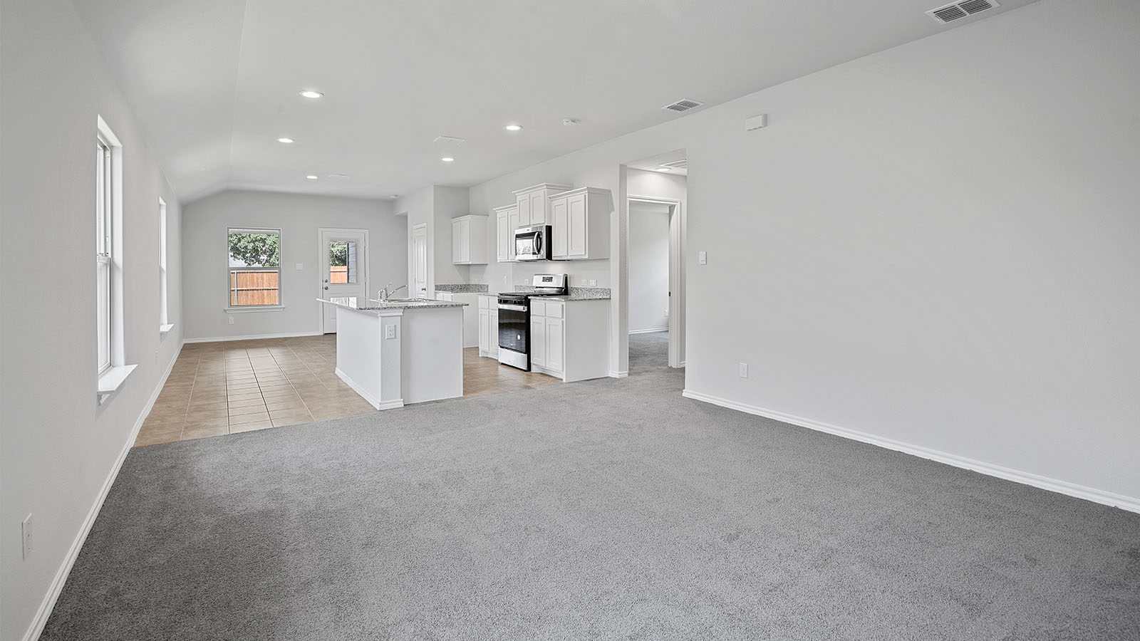 Open living, kitchen, & dining space