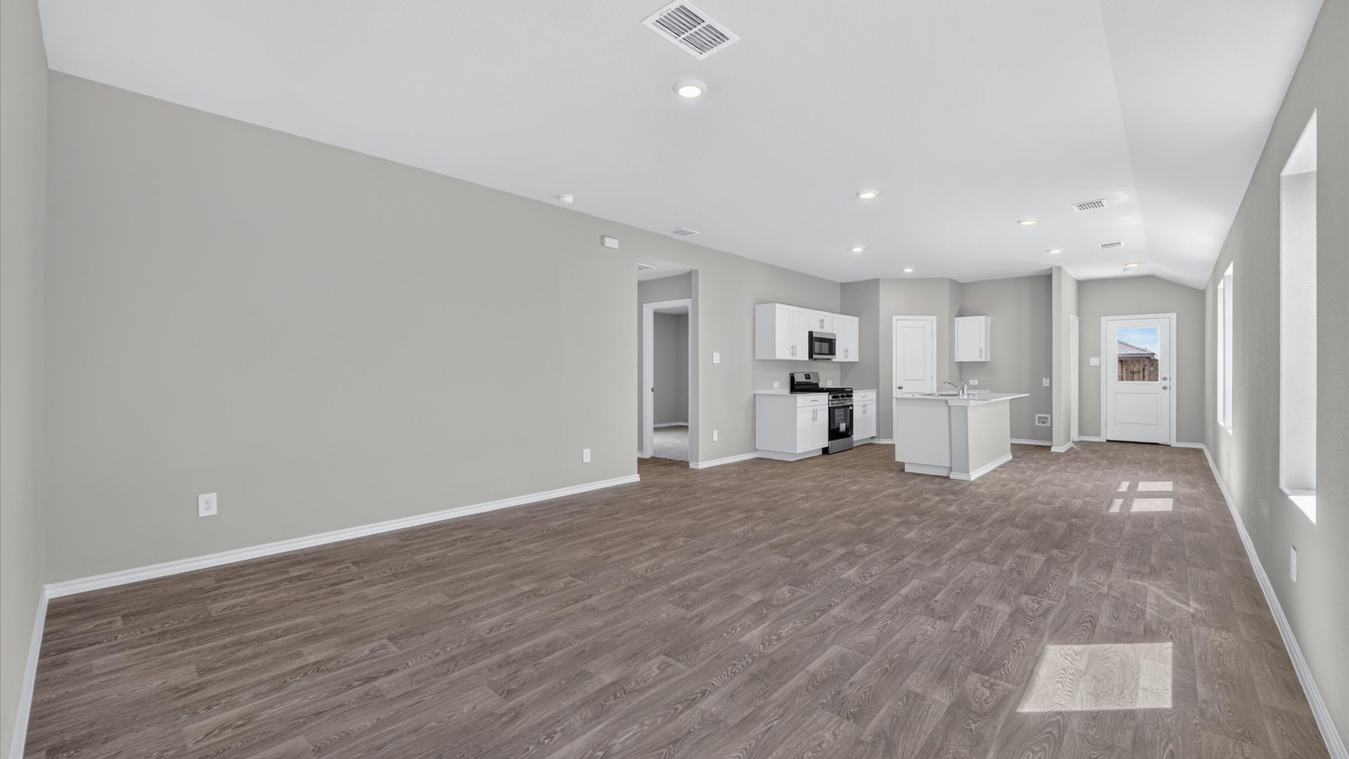 Kitchen, dining, and living
