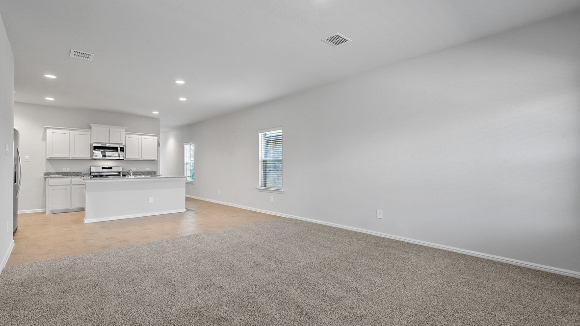 Open kitchen, dining, & living