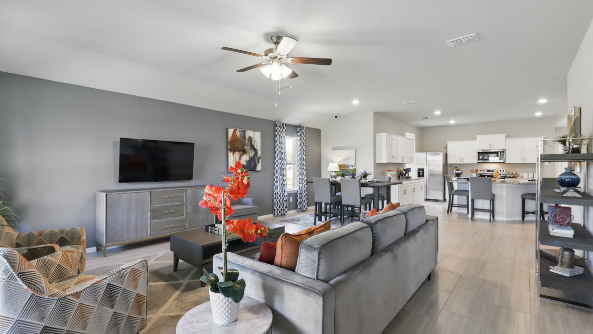 Open kitchen, living, & dining