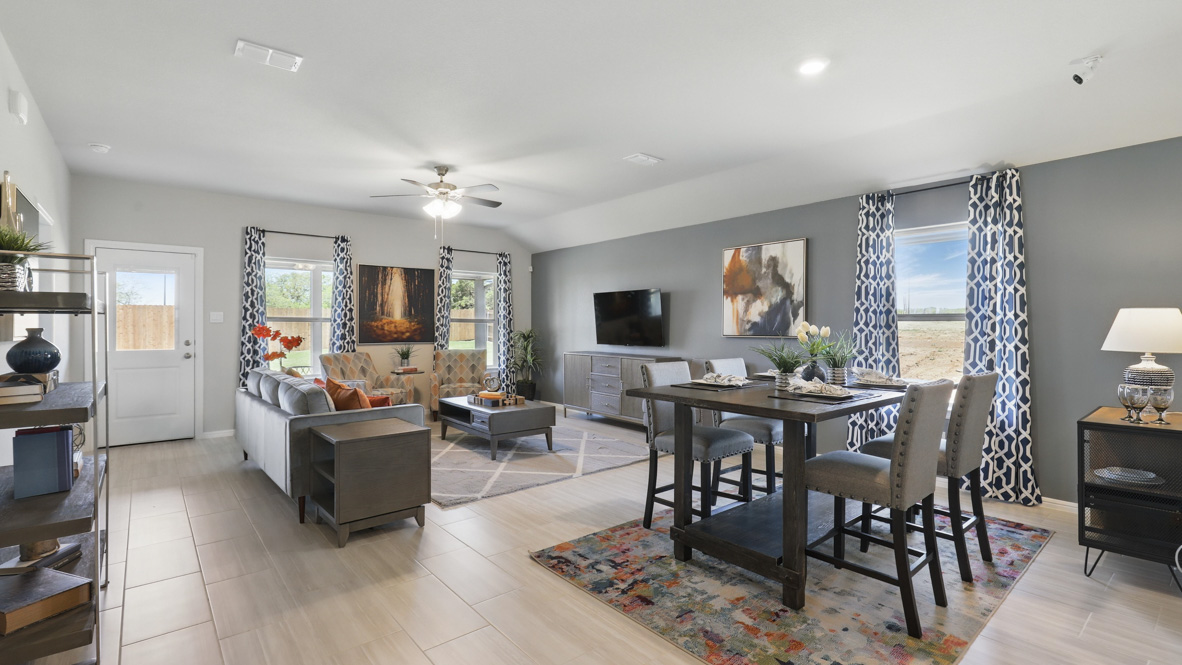 Open kitchen, living, & dining