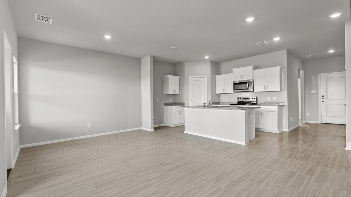 Open kitchen, living, & dining