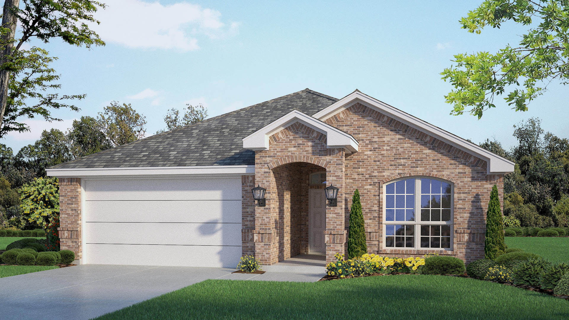 Exterior rendering of single story modern brick style home