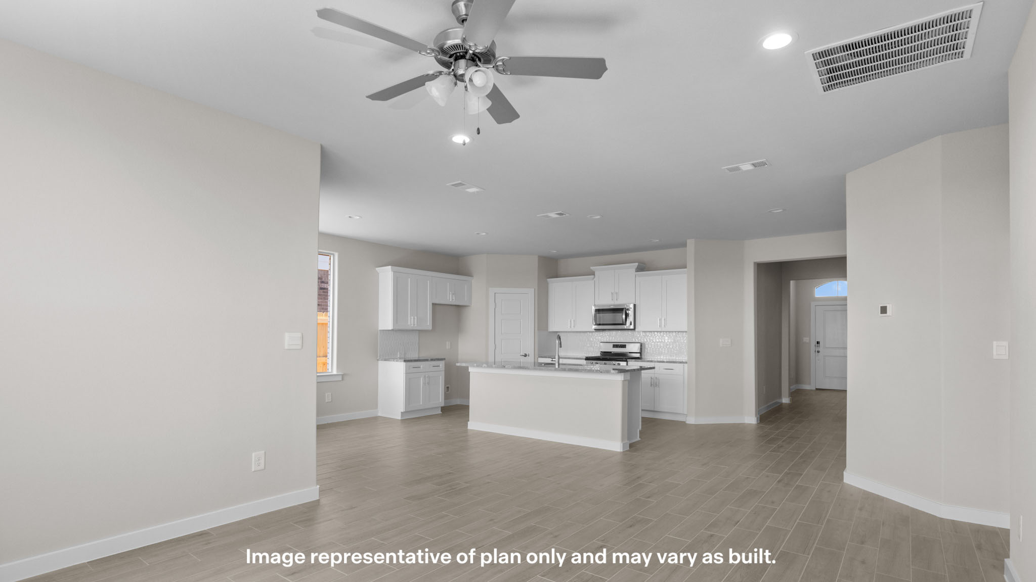 Open concept kitchen, living, family, and dining room space