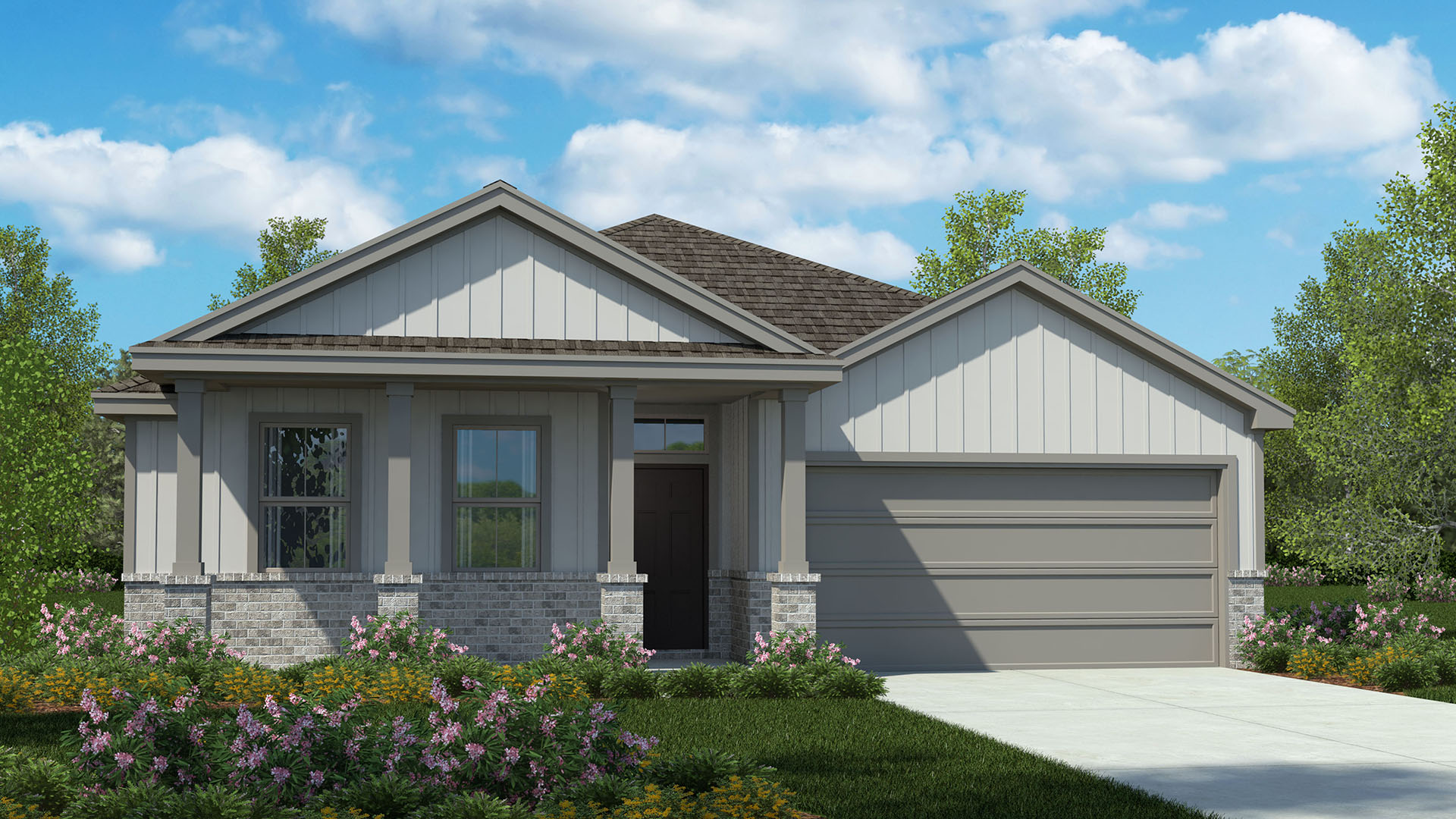 Exterior rendering of single story modern farmhouse style home